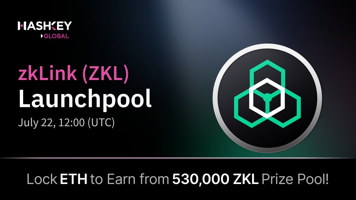 HashKey_Global's tweet photo. 📢 Announcing new $ZKL Launchpool on HashKey Global! @zkLink_Official

🌟 Lock $ETH to earn from 530,000 $ZKL Prize Pool! Lock now 👉 https://t.co/F1aXBc0mZ5

🕖 Event schedule:
👉 Start locking at 8:00 (UTC), July 17
👉 Yield generation starts at 12:00 (UTC), July 22

🔗 More details: https://t.co/ojRYslCENM

🎁 First 200 to complete these tasks share 1,000 $ZKL (200*5)!
✅ Follow @HashKey_Global
✅ Like & quote RT with #HashKeyLaunchpool
✅ Join Telegram https://t.co/8uVoe8GcJA
✅ Submit UID & proof https://t.co/GfsDvExPyT
