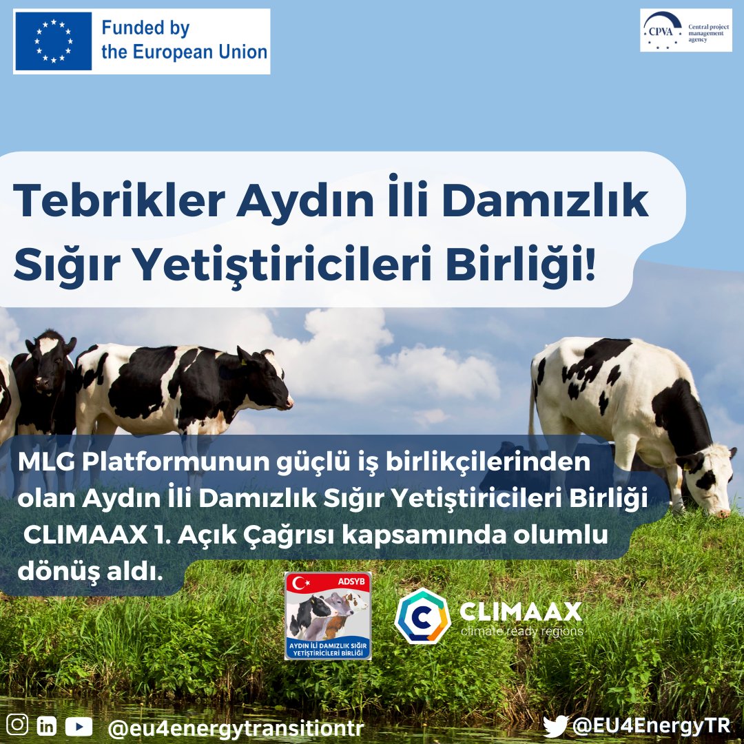 EU4ETTR MLG Platform ortağı Aydın İli Damızlık Sığır Yetiştiricileri Birliği'ni kutlar! 👏🎈
MLG Platformu'nun güçlü işbirlikçilerinden Aydın İli Damızlık Sığır Yetiştiricileri Birliği CLIMAAX 1. Açık Çağrı kapsamında olumlu yanıt aldı! 🎉
E