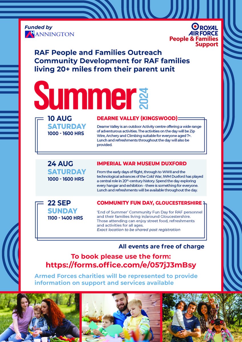 RAF People and Families Support are hosting some exciting FREE events for families who don’t live near their parent Unit.

📄 Register for your nearest event by clicking on this link &gt; bit.ly/4bKTqFA 

More details in the poster 👇

<a href="/RAFCommunity/">RAF Com Spt</a> <a href="/RAFHive/">RAF HIVE</a>