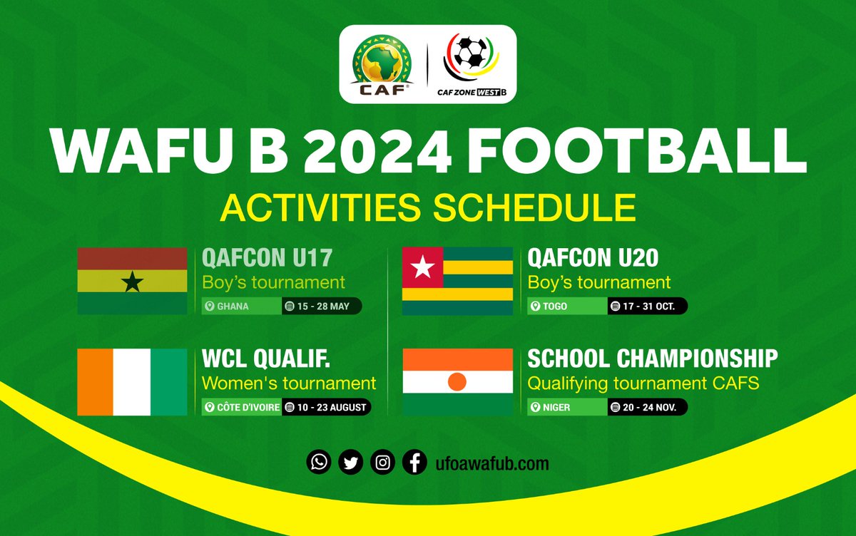 #Agenda 📔| La suite du calendrier 2024 des tournois qualificatifs de l'#ZONEB .

<a href="/CAF_Online/">CAF Online</a> | <a href="/followers/">はうはう</a>