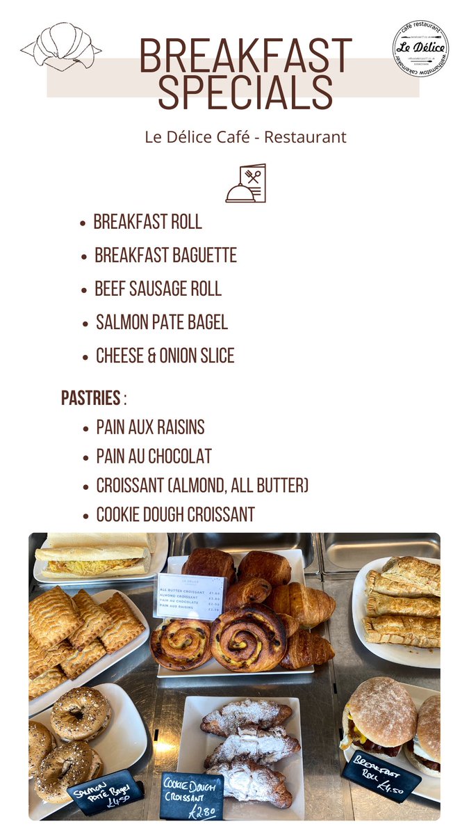 ⭐️Breakfast Specials At Le Délice🍽️ #breakfast #goodmorning #homemade #freshfood #eatlocal with #pastries #crookie #salmonbagel #breakfastbaguette and many more