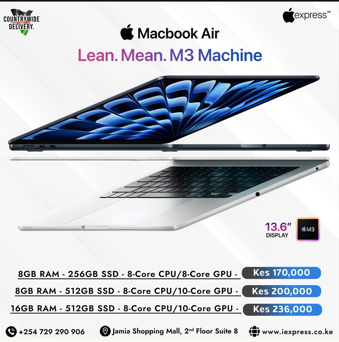 Moha001_Onyango's tweet photo. Experience the joy of non-stop productivity with the MacBook Air with M3 chip that lasts up to 18 hours.
Grab yours today from @iExpresske
Jamia Mall, 2nd Floor, Suite No 8.
📞 0729 290 906
#MacBookAir #M3Chip #iexpressKE https://t.co/wOINMnAmXr