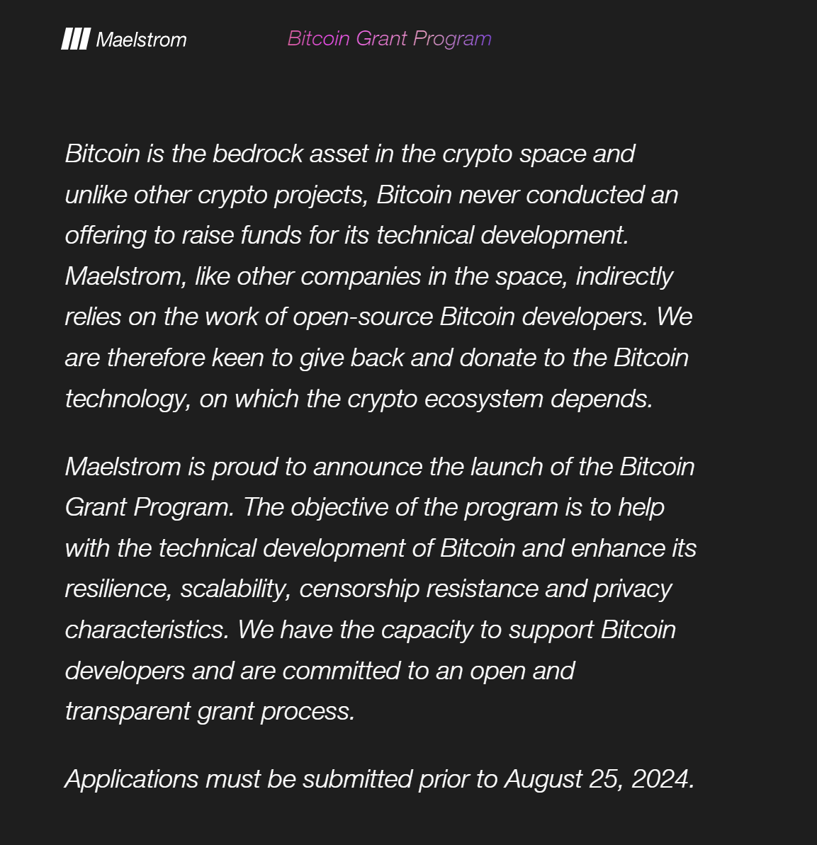 [1/3] <a href="/CryptoHayes/">Arthur Hayes</a> investment fund <a href="/MaelstromFund/">Maelstrom</a> has launched a Bitcoin Core open source grant program!

You can apply now for no-strings attached grants

maelstrom.fund/bitcoin-grant-…