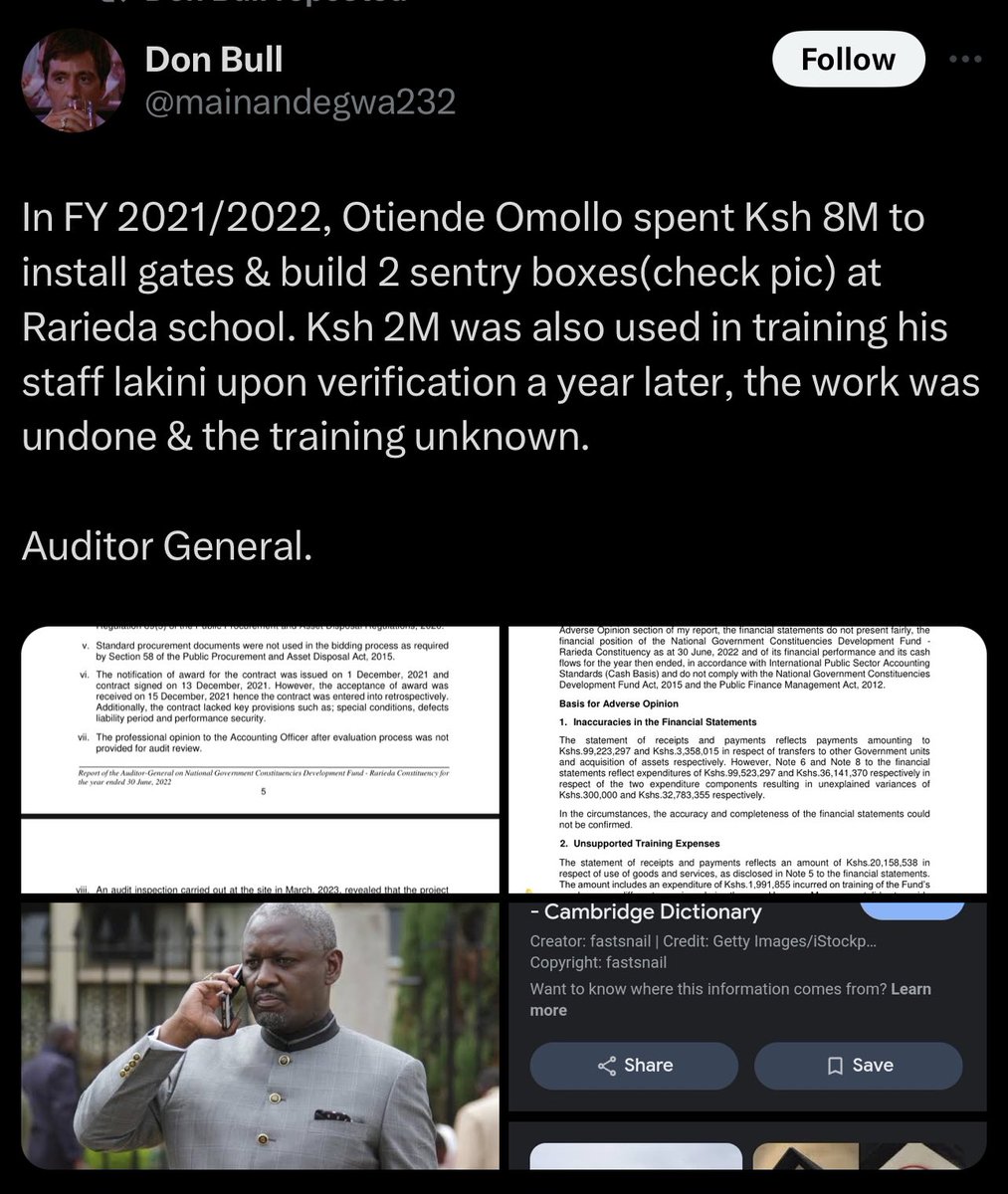 iamkathambi's tweet photo. It’s fascinating how politicians stop fighting and unite to rob Kenyan taxpayers
In the High Court case on unconstitutional NG- CDF, ODM MPs @OAmollo and @gpdkaluma are the lead lawyers for National Assembly (MPs) 😬
Kenyans always on their own😭
#RejectCDF
P.s AG report 👇🏾 https://t.co/MrU2gVa9xg