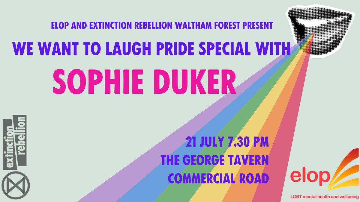 ELOP_LGBT's tweet photo. Join us for a night of laughs with @sophiedukeebox and @jamesrosscomedy in the run up to Waltham Forest Pride.  https://t.co/vvZNt8QpVV for tickets. 
Money raised to support LGBT+ mental health 
@ukblackpride @switchboardLGBT @myGwork @TowerHamletsCVS @Londonplus18 @LDNComedy https://t.co/8qmTl7tYfi