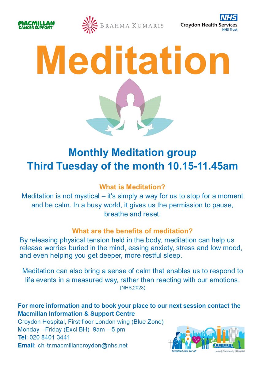 CUHMacmillan's tweet photo. This month, the meditation group explored the #MapofConsciousness & the energy generated. When affected by #cancer it is understandable that negative thoughts can spiral & “drain”you, #RajYogaMeditation can help with reining them to improve overall wellbeing #TrueMe https://t.co/SAhw2mHdDW