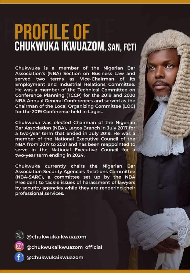 No godfather.
No cabal.
No entitlement mentality. 
His sole concern is the good of the Bar. 
He's the the most visionary and decisive amongst all.
He's very fit and proper to lead the Bar. 
With him, a #fearlessbar is possible .

Vote <a href="/ChukaIkwuazom/">Chukwuka Ikwuazom SAN</a>