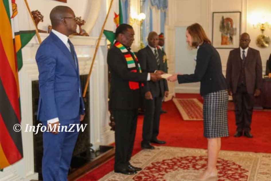matigary's tweet photo. New U.S. ambassador Pamela Tremont presents her credentials to the President and commander in chief @edmnangagwa 

As she takes on her role, she must know that we don’t tolerate nonsense here. Zim is a revolutionary country @USEmbZim 

Should we give her a name yet? https://t.co/SCWtHC2UFe