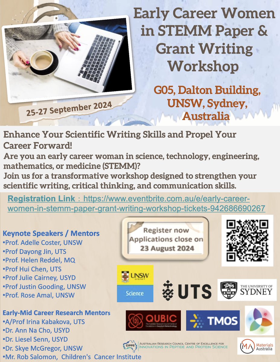 📷 Registration is now open for our 2024 Early Career Women in STEMM Paper &amp; Writing Workshop! 📷

Registration Link:

eventbrite.com.au/e/early-career…

Event venue: Dalton Building-F12-G05 at UNSW
Event date: 25-27 Sep 2024
 📷📷