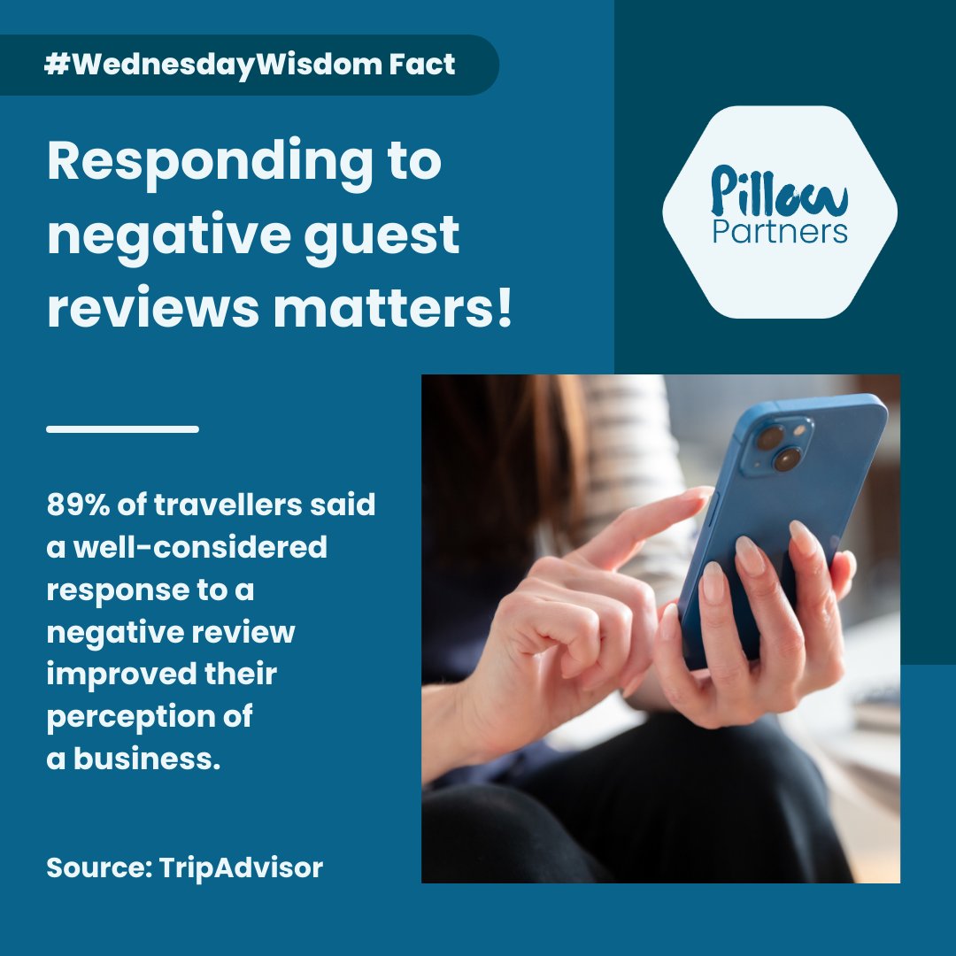 A negative guest review can lead to a repeat stay! 🔄

According to <a href="/Tripadvisor/">Tripadvisor</a>, 89% of travellers said a well-considered response to a negative review improved their perception of a business.

#PillowPartners #WednesdayWisdom #guest #guestexperiences #holiday | <a href="/Tripadvisoruk/">Tripadvisor UK</a>