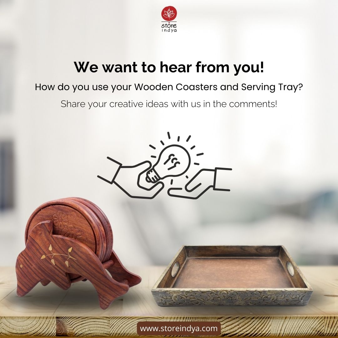 StoreIndya's tweet photo. Let's get creative together! Whether it's serving up a delicious meal, enjoying a cozy coffee moment, or adding a touch of style to your decor, we want to know how you use your Wooden Coasters and Serving Tray. Comment below and inspire others with your unique ideas! https://t.co/HVdttfQP4w