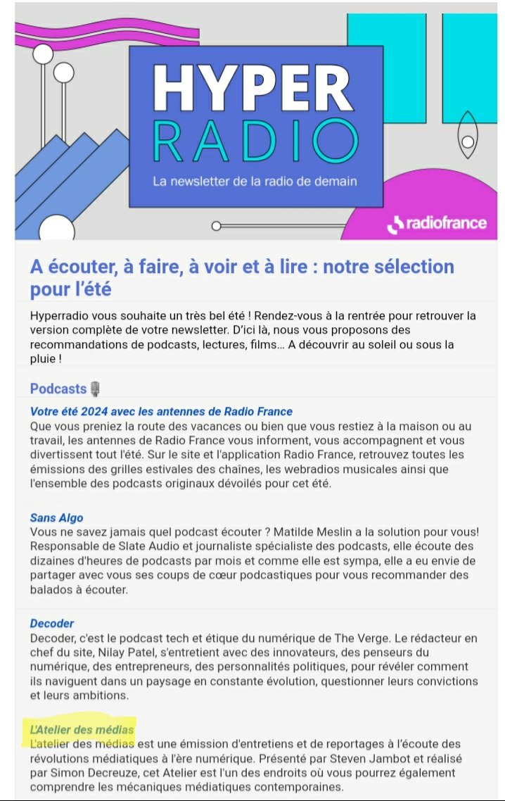Heureux de voir "L'atelier des médias" de <a href="/RFI/">RFI</a> cité dans "Hyper Radio", l'excellente "newsletter de la radio de demain" proposée par <a href="/RFnvx/">Radio France Digital</a> <a href="/radiofrance/">Radio France</a>. 
hyperradio.radiofrance.com/non-classe/a-e…