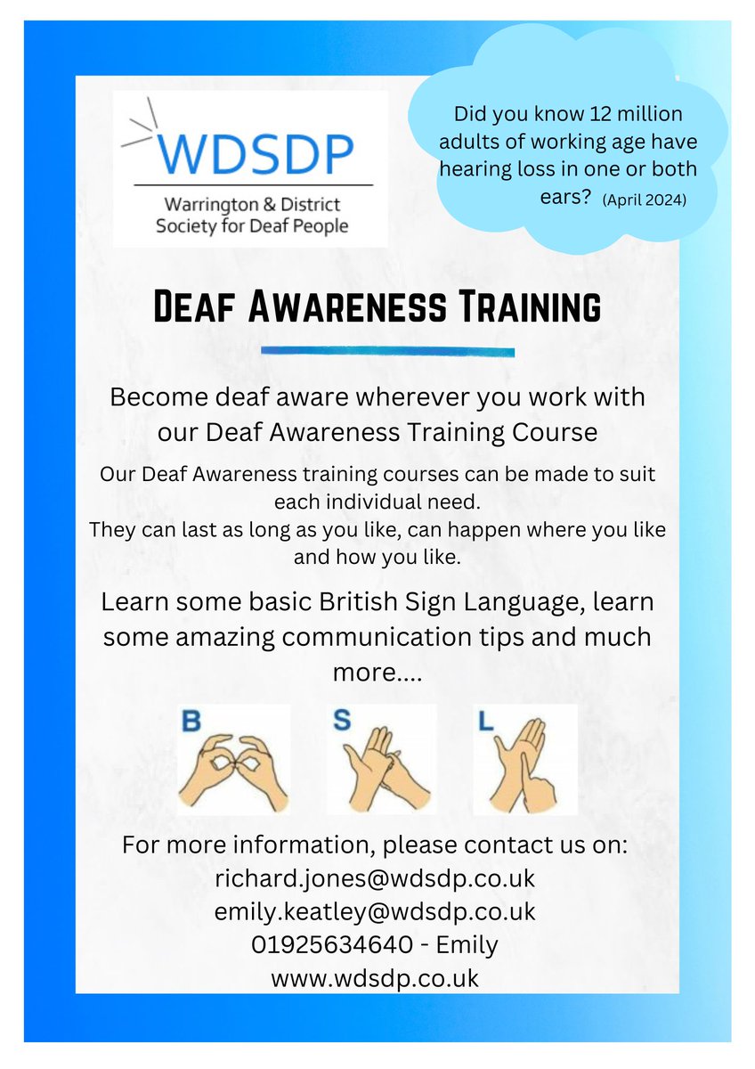 deaf_centre's tweet photo. 🦻Deaf Awareness Course 🦻

Did you know only 37% of people who report BSL as their first language are in employment?

Here at Warrington &amp; District Society for Deaf People, we offer a Deaf Awareness course that is suited the needs of your business!

#deafawareness #WDSDP https://t.co/DW3Ox0dDW2