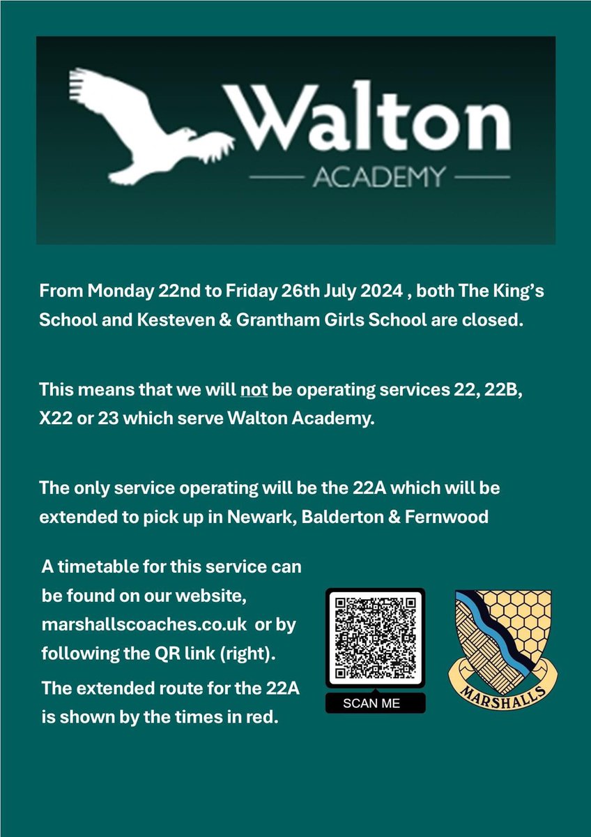 Reminder: if you are travelling to <a href="/walton_academy/">Walton Academy</a> next week, we are operating a reduced service - see attached for details.