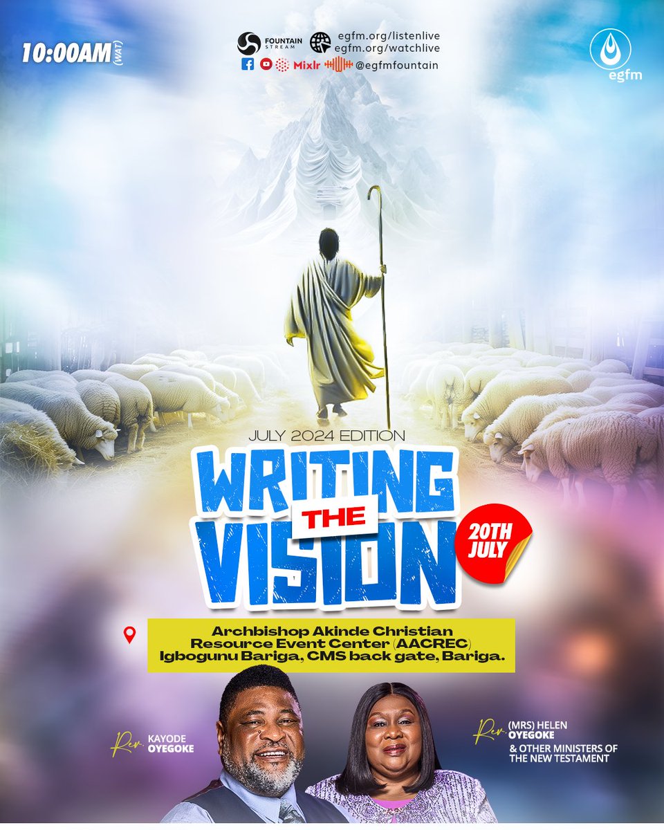 THE GREAT SHEPHERD OF THE SHEEP AWAITS YOU AT #EGFMWTV JULY EDITION.

The ultimate destiny of a sheep is for God to come and abide in it; and for this purpose the Lord is very particular about raising a sheepfold unto Himself. 

The Lord is keen on feeding His flock so that they