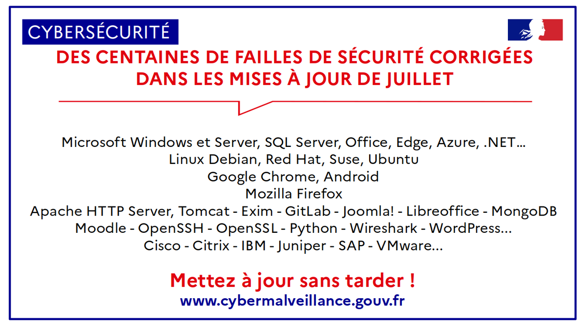 [🛡️#Cybersécurité] Des centaines de #failles de #sécurité corrigées dans les mises à jour de juillet

⚠️ Certaines de ces failles sont critiques et utilisées par des criminels

➡️ Mettez à jour PC, #téléphones, serveurs... sans tarder !

+infos <a href="/CERT_FR/">CERT-FR</a> : cert.ssi.gouv.fr/avis/