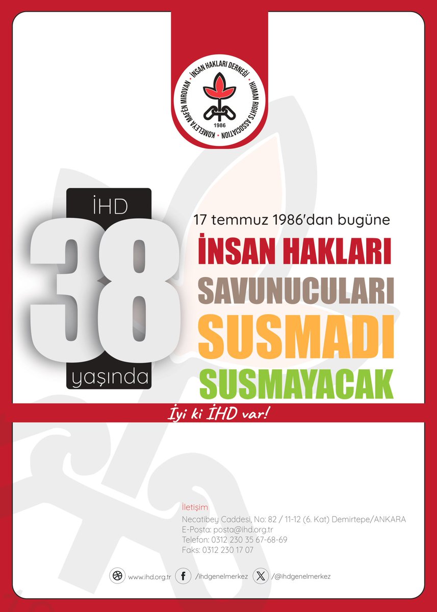 İnsan Hakları Savunucuları Susmadı Susmayacak !

İHD’nin kuruluşunun 38. yılında ısrarla insan hak ve özgürlüklerini savunmaya devam ediyoruz.  Türkiye’nin insan haklarına dayalı demokratik bir rejime kavuşması mücadelesi ısrarla sürdürülecektir.
#İHD38Yaşında