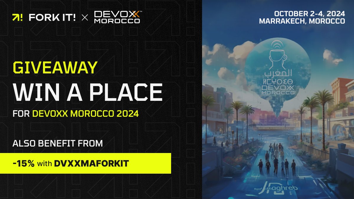 Fork it! Community is giving away one ticket to the 11th edition of Devoxx Morocco 2024 🇲🇦

To participate:
🔄 Retweet this post
📣 Mention <a href="/DevoxxMA/">DevoxxMa 🇲🇦 November 12-14, 2025</a> and <a href="/ForkitCommunity/">Fork it! Community | Tech Conferences and more</a>
🚀 Use the hashtag #DevoxxMA
🤩 Tell us why you're excited to attend.

🔗 More informations in thread!