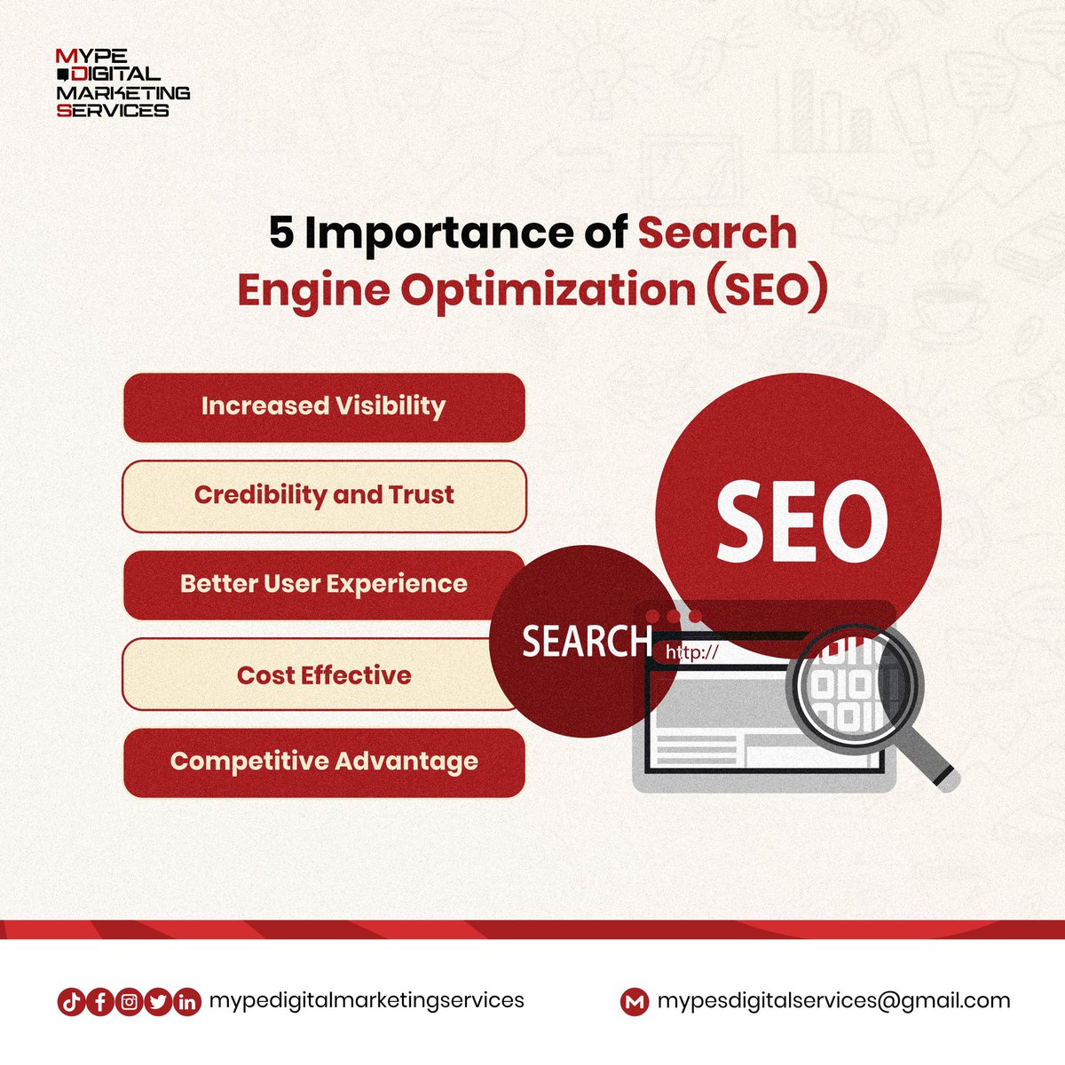Mype_Digital's tweet photo. Search Engine Optimization (SEO) is a crucial component of digital marketing strategies. 

Here are 5 Importance of SEO:

- Increased Visibility and Traffic: SEO helps improve the visibility of a website in search engine results pages (SERPs), leading to more organic traffic. https://t.co/OnljqUXp1a