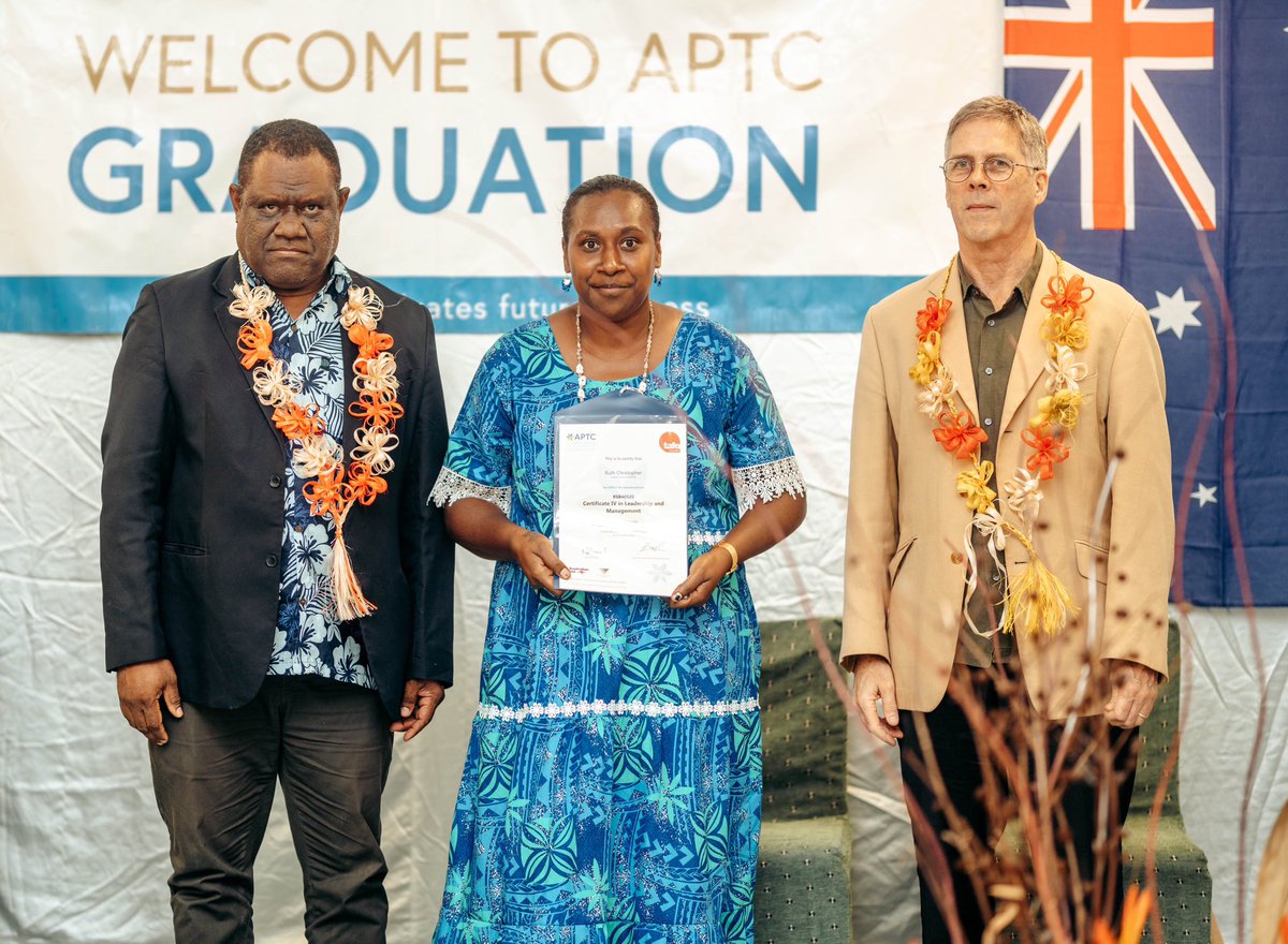AusHCVanuatu's tweet photo. So pleased to join the latest APTC graduation ceremony to congratulate 165 new graduates of @aptcpacific who will re-enter the 🇻🇺 workforce as skilled professionals in the fields of carpentry, tourism, mechanical, hospitality &amp; education 🇻🇺 🤝 🇦🇺 https://t.co/KzggFssYEs