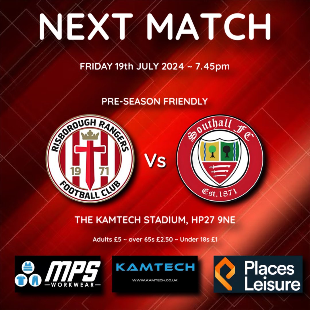 NEXT UP |

What about a bit of Friday night footie?

After a gap of nearly seven years we welcome <a href="/FCSouthall/">Southall FC</a> back to the KAMTECH Stadium in our latest Pre-Season Friendly.

🎟️ Adults £5 ~ over 65s £2.50 ~ Under 18s £1

#uptheris

<a href="/kamtechgarage/">KAMTECH</a> <a href="/mpsworkwearcouk/">MPS Workwear</a> @PlacesLeisure