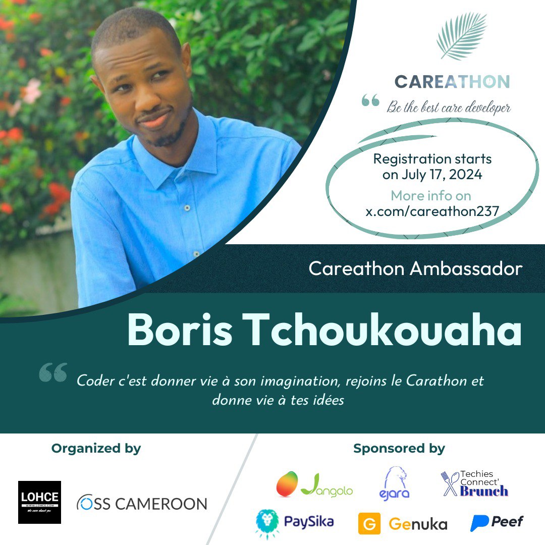 Boris_Gauty's tweet image. Rejoignez-nous au Careathon et libérez votre créativité ! Inscrivez-vous dès le 17 juillet 2024 pour collaborer, innover et transformer vos idées en réalité. Pour plus d&apos;informations, visitez @careathon237. Ensemble, donnons vie à nos idées !

#CaParleDev