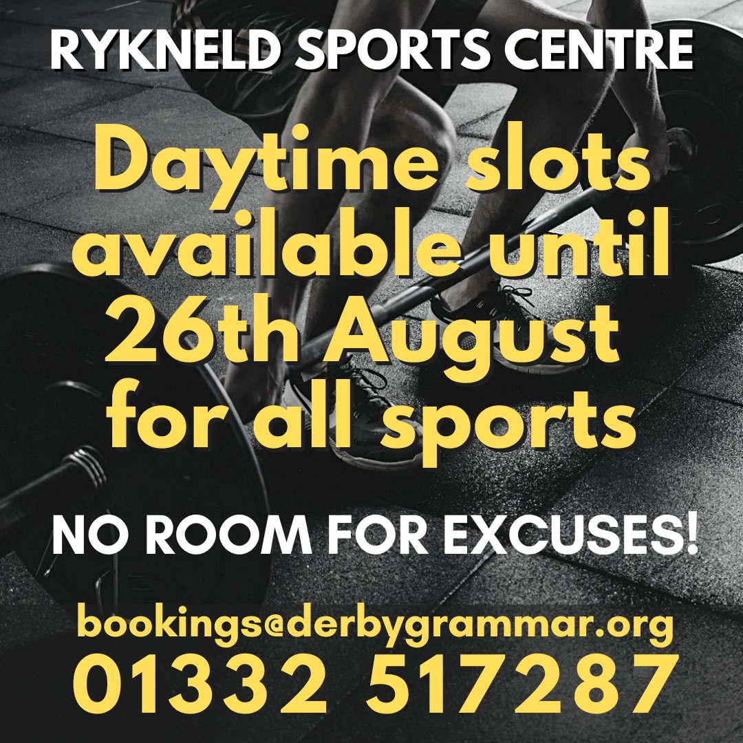 Derby Grammar School (@derbygrammar) on Twitter photo Over the next five weeks, until 26th August we have availability during the daytime at Rykneld Sports Centre. If you would like to book our indoor courts, outdoor pitches or astro, or visit the gym, give us a call of 01332 517287 or email bookings@derbygrammar.org. Open 9am until Over the next five weeks, until 26th August we have availability during the daytime at Rykneld Sports Centre. If you would like to book our indoor courts, outdoor pitches or astro, or visit the gym, give us a call of 01332 517287 or email bookings@derbygrammar.org. Open 9am until