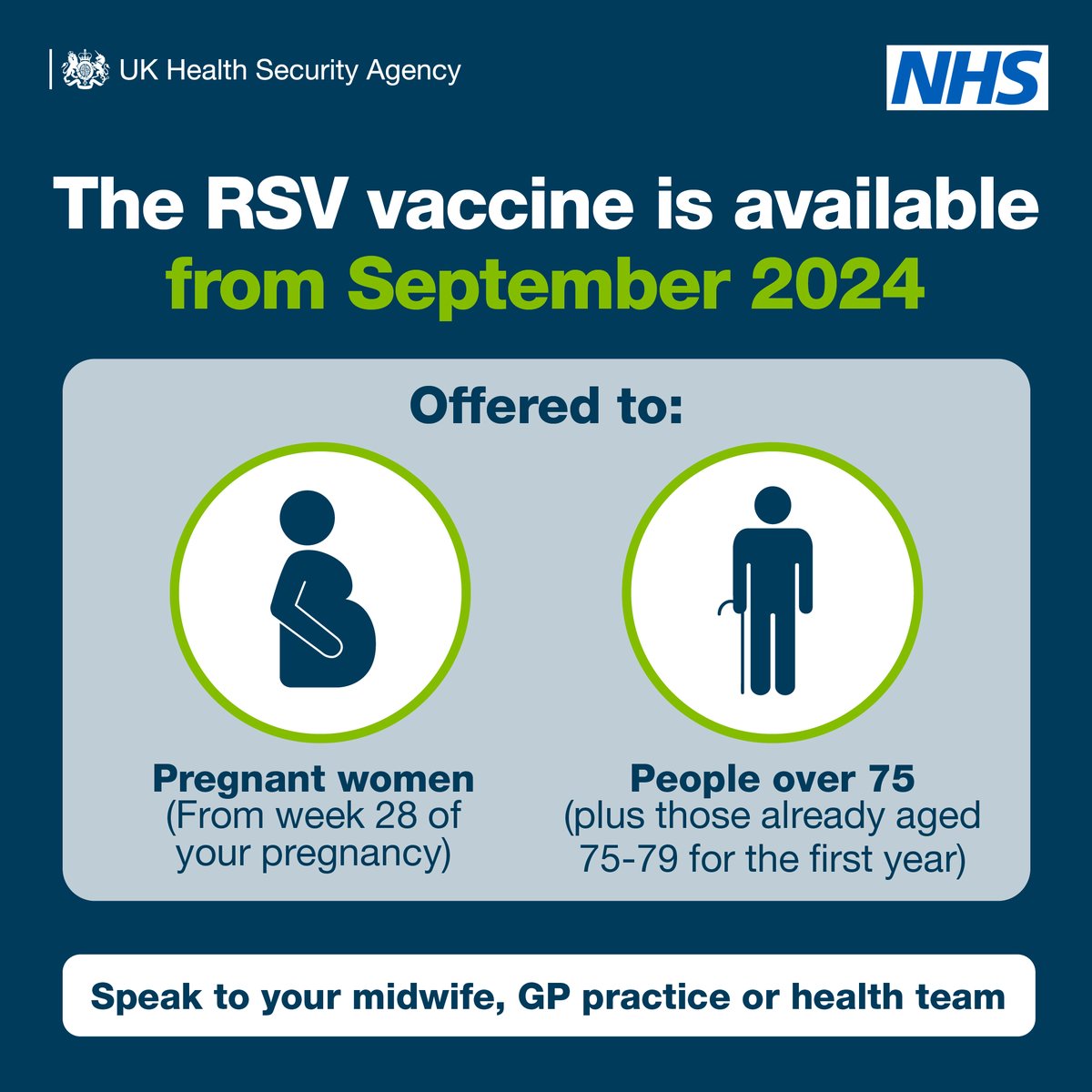 ℹ RSV vaccination programme starting this Sept ℹ
From 1 Sept, vaccination to protect against Respiratory Syncytial Virus (RSV) will be offered to:
🤰  Pregnant women (over 28 weeks) to help protect newborn babies
🚶‍♂️ Adults aged 75+
Find out more: ukhsa.blog.gov.uk/2024/07/17/wha…