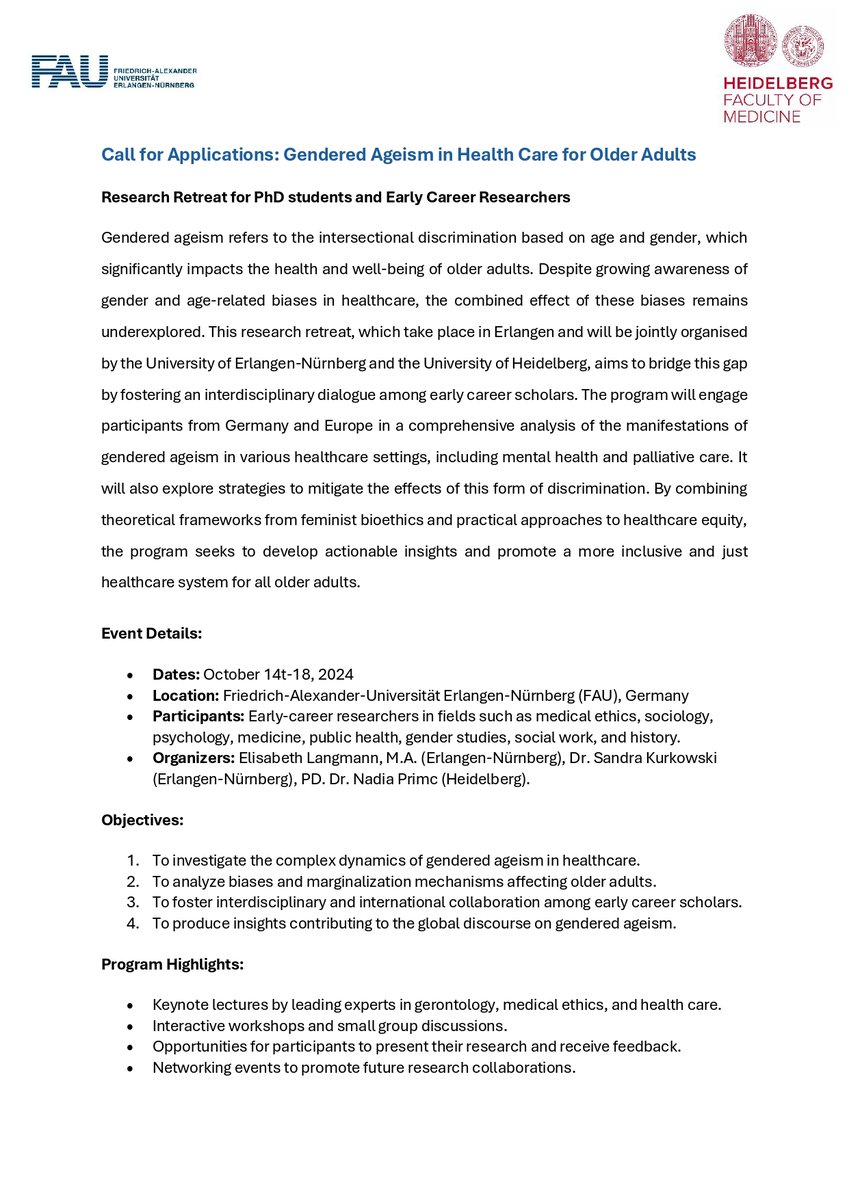 sabethlang's tweet photo. 🚨 Only 2 weeks left to apply! Don't miss the chance to join our research retreat on "Gendered Ageism in Health Care for Older Adults" in Erlangen, October 14-18, 2024. #research #GenderedAgeism #healthcare  #bioethics https://t.co/zROMHtTRHw