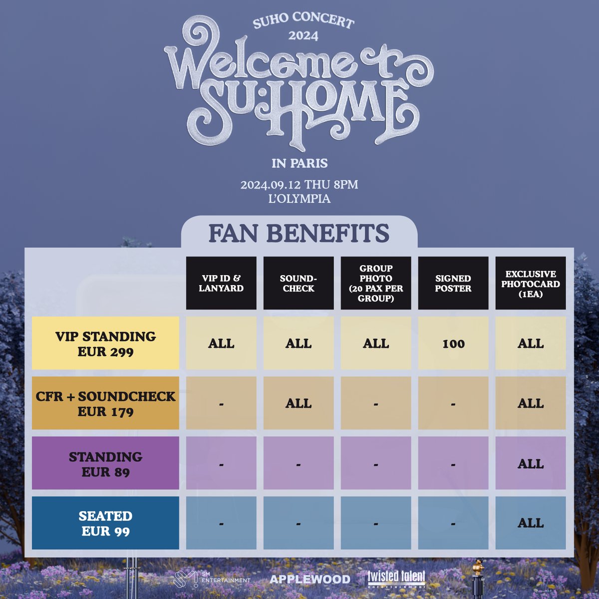 2024 SUHO CONCERT <SU:HOME> IN EUROPE

▶ LONDON
📅 SEPTEMBER 10 (TUE), 8PM
📍 INDIGO AT THE O2
🔗 AXS: axs.com/uk

▶ PARIS
📅 SEPTEMBER 12 (THU), 8PM
📍 L’OLYMPIA
🔗 Seetickets(Membership Sale): seetickets.com/fr
🔗 Ticketmaster(General Sale):