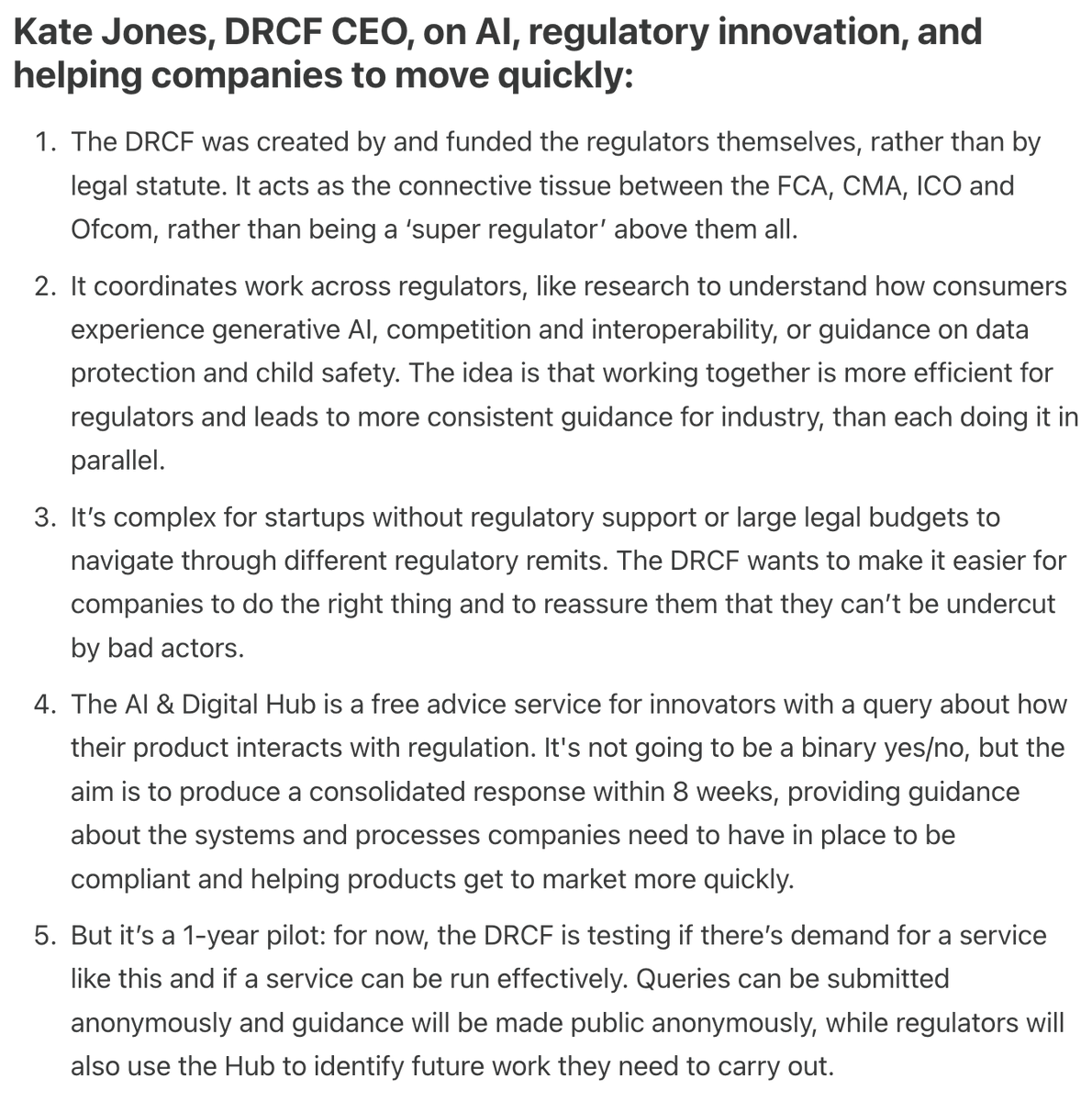 "AI is not a sector, it's going to permeate everywhere"

just in time before the King's Speech, we <a href="/formventureshq/">Form Ventures</a> sat down with <a href="/KateJones77/">Kate Jones</a>, CEO at the DRCF, to hear more about a) their work on AI regulation and b) a new support service for AI companies