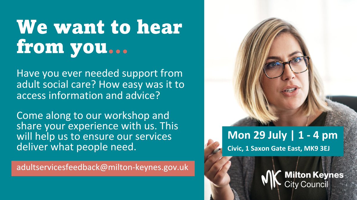 mkcouncil's tweet photo. Share your experience of getting information and advice from adult social care. Your views will help us to deliver the right support. Book your place on our workshop by emailing adultservicesfeedback@milton-keynes.gov.uk https://t.co/zbMTDupBWP