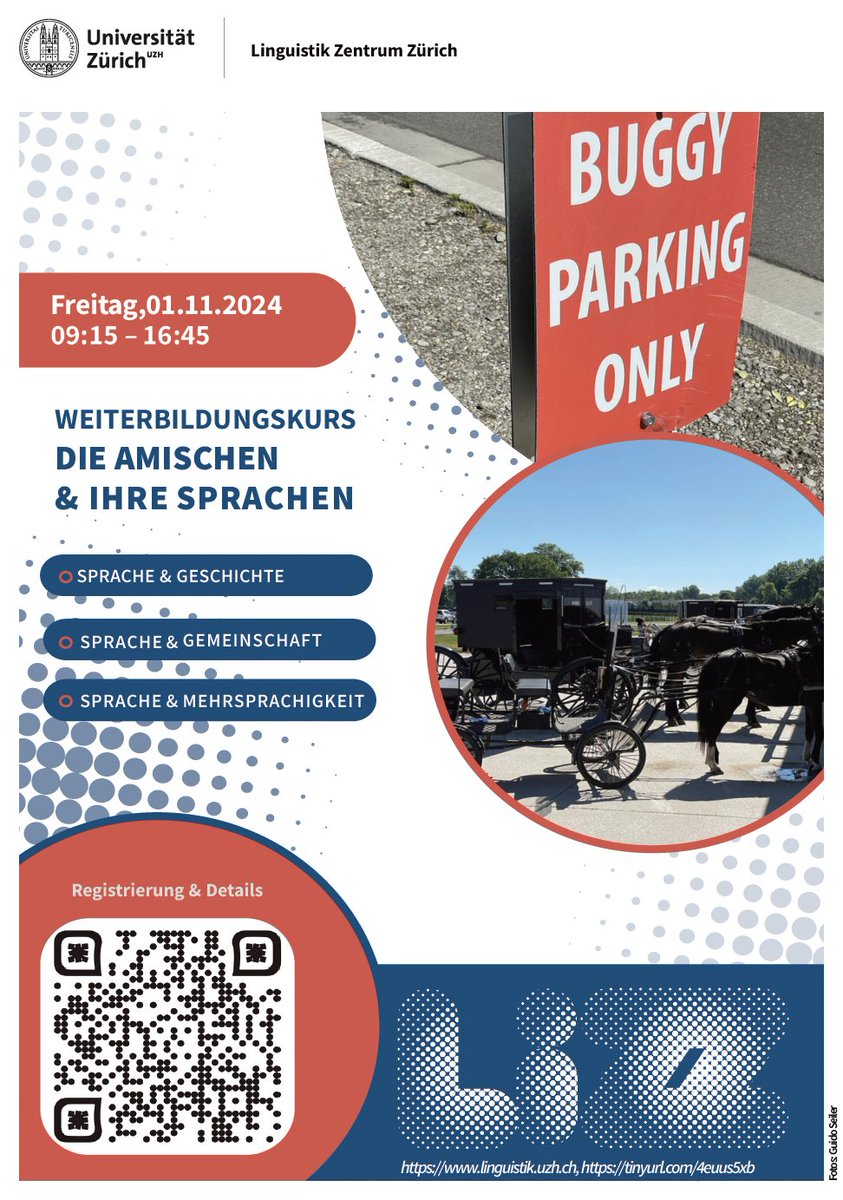 🗣️✨ LiZZ-Weiterbildungskurs: "Die Amischen und ihre Sprachen"!

Melden Sie sich bis zum 1. Oktober an und tauchen Sie am 1. November in die faszinierende Welt der Amischen ein. . 📜🌍
🗓️01.11.2024
🕘 09:15-16:45 Uhr
📅 Registrierungsfrist: 01.10.2024
🔗linguistik.uzh.ch/de/easyling/zu…