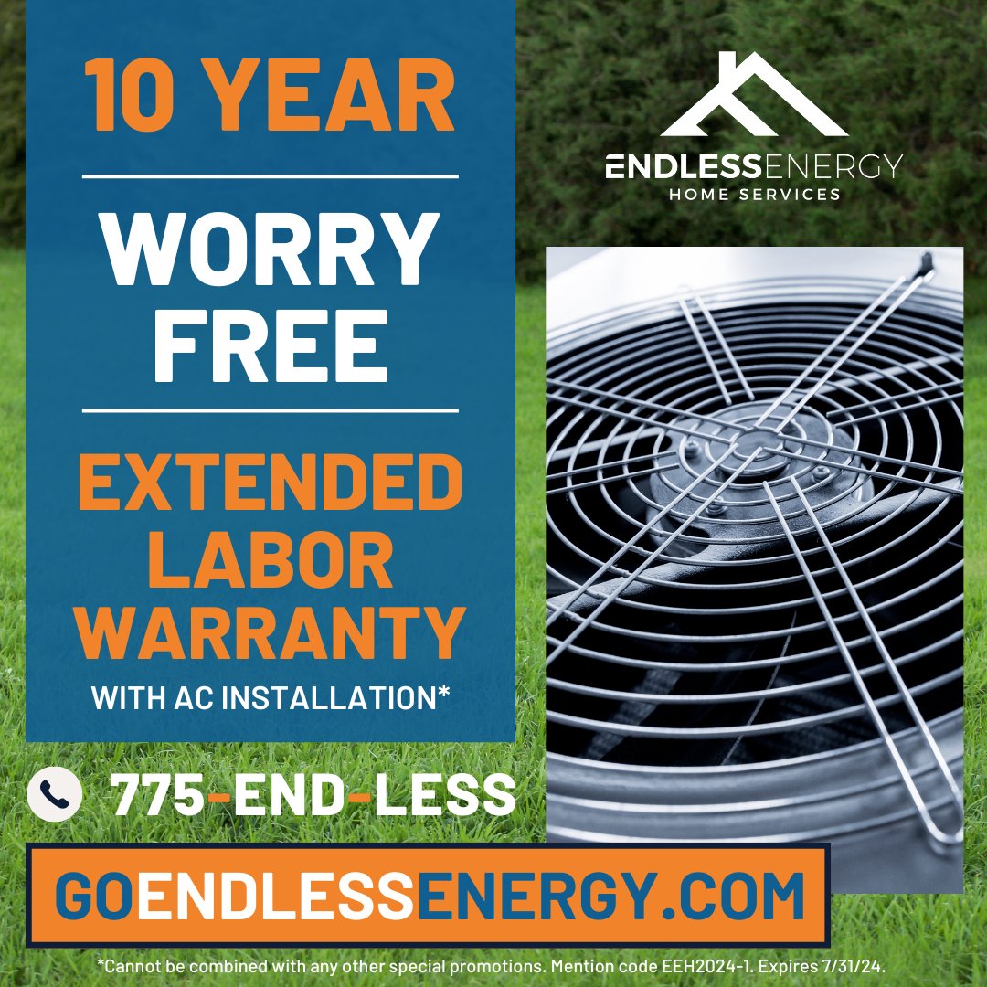 🌟 Worry-Free Comfort Has Arrived! ✨

Receive a 10-year, worry-free, extended labor warranty with every AC installation. Enjoy peace of mind that future AC repair costs are covered. Contact Endless Energy today to book your installation and stay cool!
