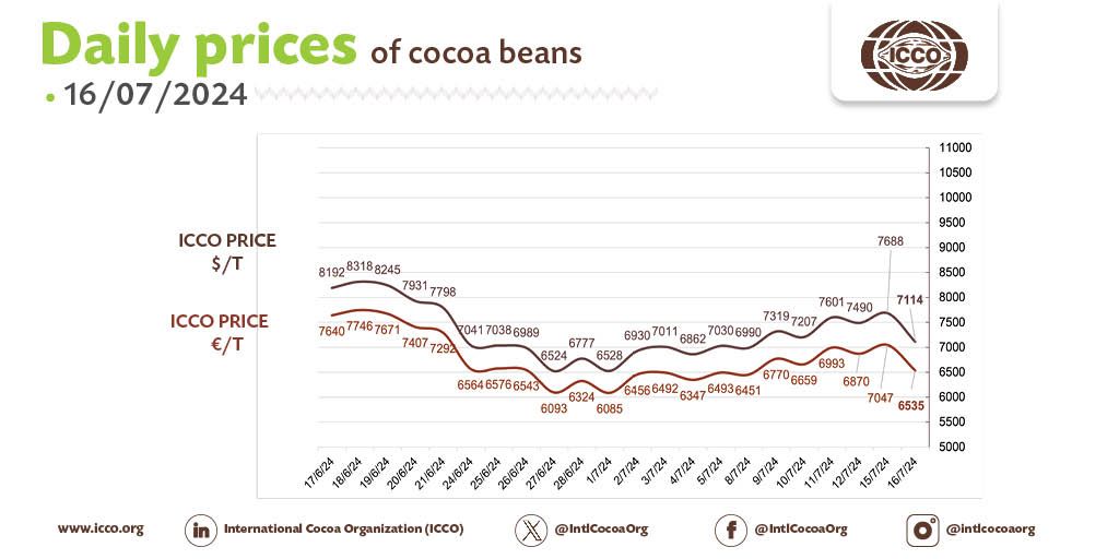 🔴 16/07/2024 #Cocoa Daily Prices - Prix du jour - Precios diarios - Ежедневные цены
 
💵 ICCO daily price - 7113.59 $/T
💶 ICCO daily price - 6535.26 €/T
 
More #cocoa statistical info in our webpage 🔗 bit.ly/36Ad74r

#ICCOCocoaHub #ICCOCocoaData #ICCOCocoaKnowledge