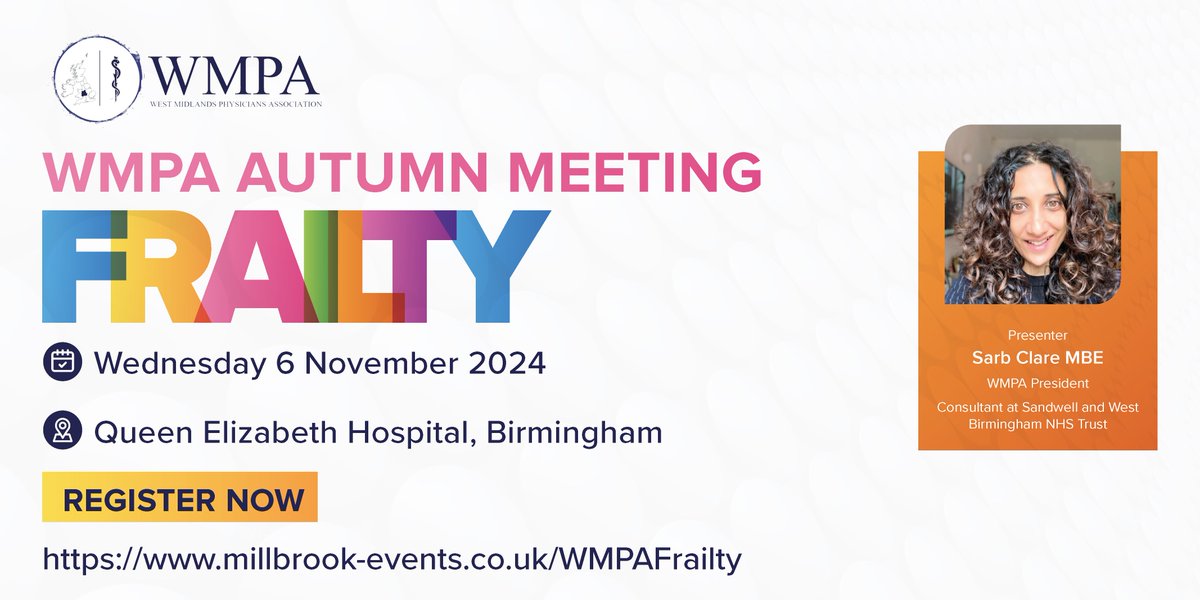 West Midlands Physicians Association (@wmpa_uk) on Twitter photo Meet our President, <a href="/AcutemedSarbc/">Sarb Clare MBE</a>, at the WMPA autumn meeting, Frailty, on Wednesday 6 November 2024. Don’t miss her welcome address—be sure to arrive on time!
View the timings and agenda here: millbrook-events.co.uk/event/WMPAFrai…
#Frailty #Ageing #AcuteFrailtyServices #VirtualWards Meet our President, <a href="/AcutemedSarbc/">Sarb Clare MBE</a>, at the WMPA autumn meeting, Frailty, on Wednesday 6 November 2024. Don’t miss her welcome address—be sure to arrive on time!
View the timings and agenda here: millbrook-events.co.uk/event/WMPAFrai…
#Frailty #Ageing #AcuteFrailtyServices #VirtualWards