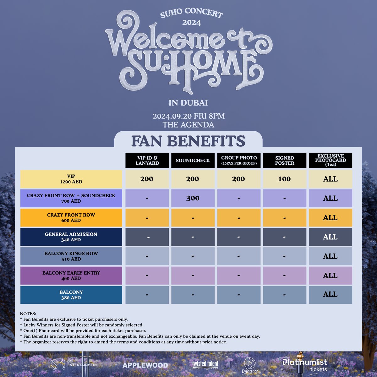2024 SUHO CONCERT <SU:HOME> IN DUBAI

📅 SEPTEMBER 20 (FRI), 8PM
📍 THE AGENDA
🔗 Platinumlist: dubai.platinumlist.net

▶ Sign up for “EXO-L” Membership Sale
- Registration period: July 17th, 2024 (WED)  PM (KST) ~ July 19th, 2024 (FRI)  PM (KST)
🔗 weverse.io/exo/notice/210…
▶