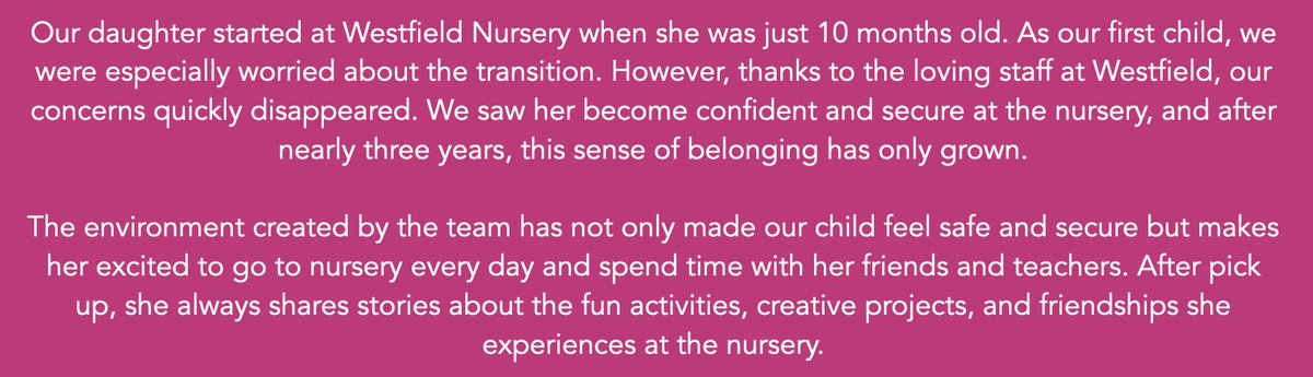 Jemma Gander (@proper_j_gander) on Twitter photo Whilst we wait for the decision as to whether
<a href="/QMUL/">Queen Mary University of London</a> will save or close <a href="/qmulnursery/">Westfield Nursery</a>. I'm sharing testimonials from the Westfield nursery families. #savewestfieldnursery
"The environment created by the team has made our child feel safe and secure..." Whilst we wait for the decision as to whether
<a href="/QMUL/">Queen Mary University of London</a> will save or close <a href="/qmulnursery/">Westfield Nursery</a>. I'm sharing testimonials from the Westfield nursery families. #savewestfieldnursery
"The environment created by the team has made our child feel safe and secure..."