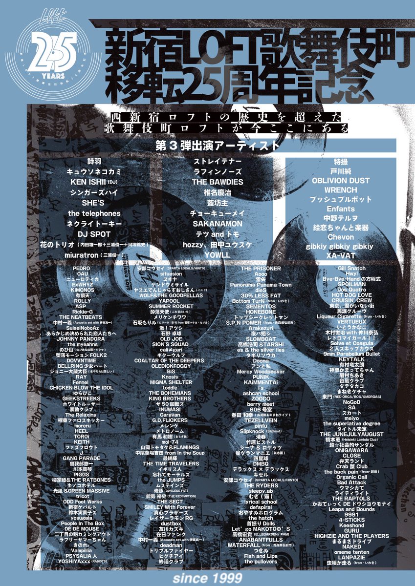 SHINJUKULOFT's tweet photo. 《お知らせ》
歌舞伎町移転25周年記念
第3弾アーティスト31組解禁！

《西新宿ロフトの歴史を超えた歌舞伎町ロフトが今ここにある》

第1弾からの出演アーティストを合わせると252組の老舗ライブハウスならではのバラエティ溢れるアーティストを発表！

歌舞伎町移転25周年HP
https://t.co/gLSsKozUg1 https://t.co/V6Aq4Avxeo