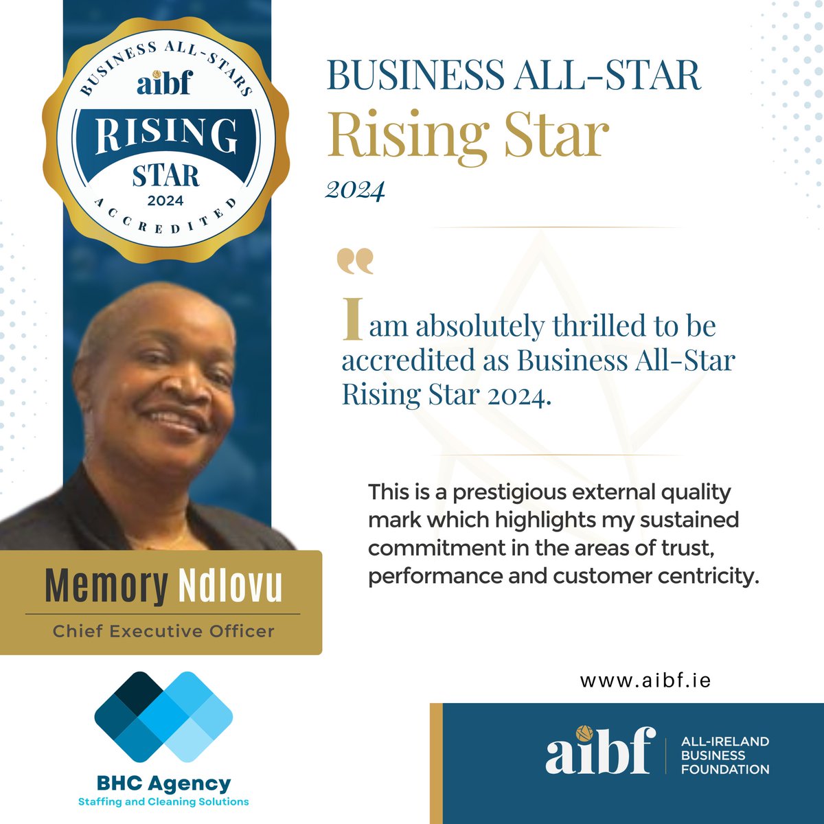 Our CEO, Memory Ndlovu, has been honored with the prestigious Business All-Star Accreditation by the <a href="/aibfallstars/">All-Ireland Business Foundation</a>! This recognition is a testament to Memory's exceptional leadership and dedication. Join us in celebrating this achievement! 
#BusinessAllStar #Leadership #BHCAgency