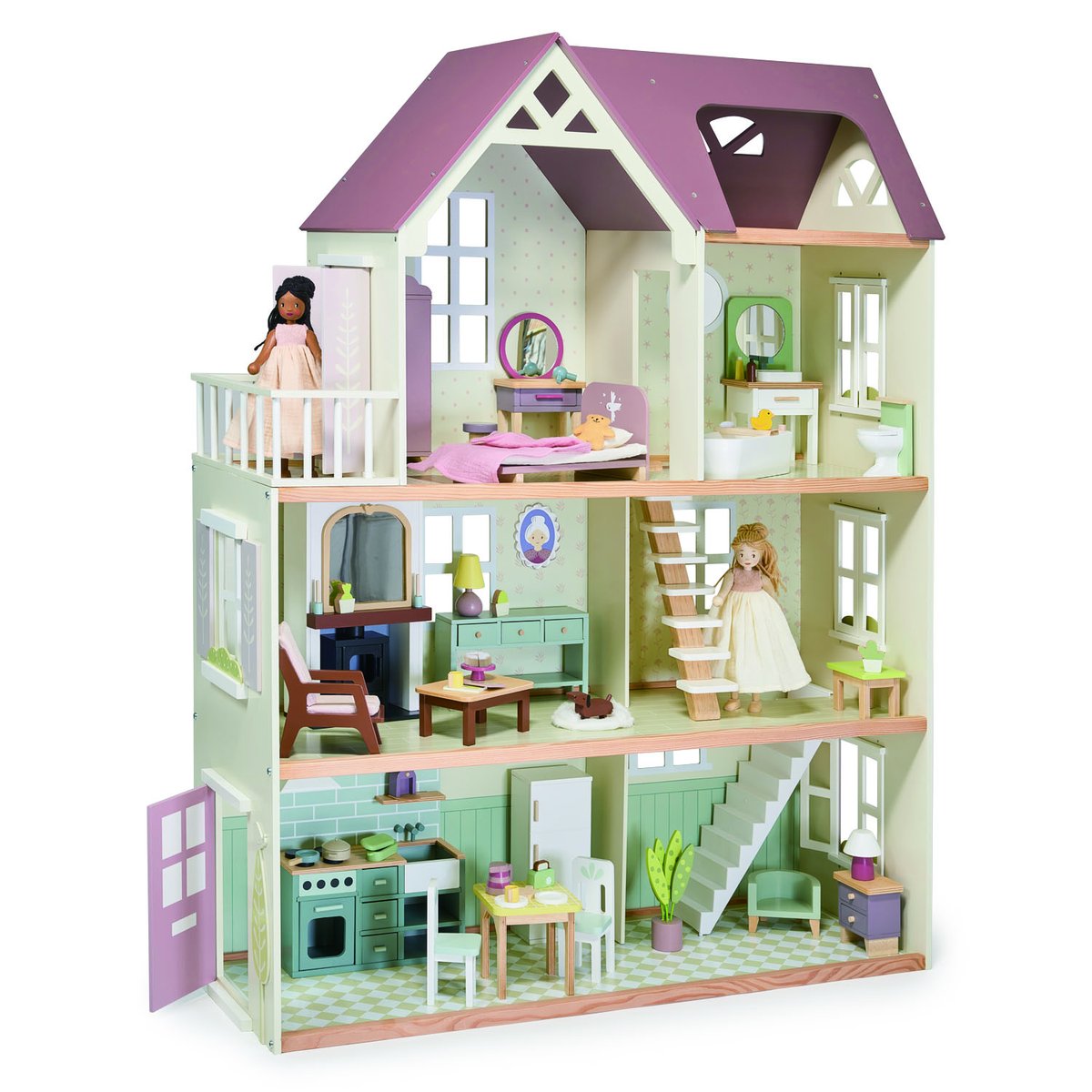 WOW! Mulberry Mansion, the Creme De La Creme of Dolls Houses.
This stylish Tender Leaf, open fronted dolls house stands at 130.5cm high and comes with the most beautiful furniture. Home to Lola and Ferne wooden dolls who are sold separately.
A dream house  for any child.
#dolls