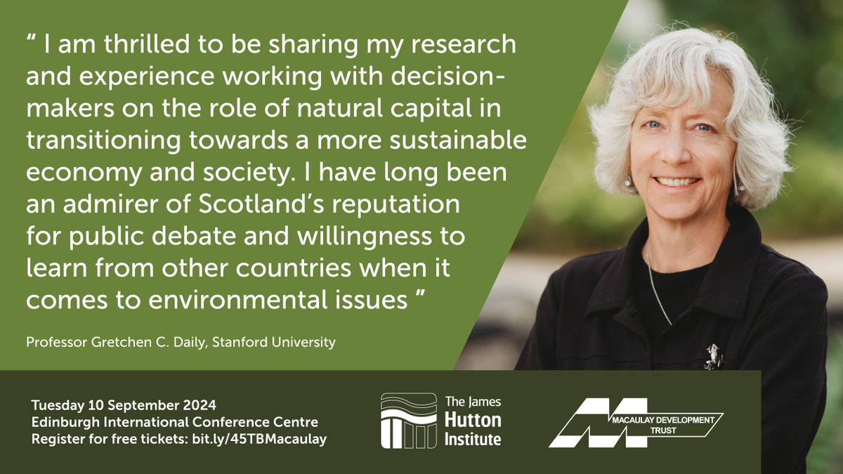 The 45th #TBMacLecture (<a href="/MacaulayDvTrust/">Macaulay Development Trust</a>) will be delivered by globally renowned environmental expert, Professor Gretchen C. Daily.

In her lecture, she will describe how important it is to understand human dependence on #nature.

📅 10th September  | 🎫 : bit.ly/3VFbnRz