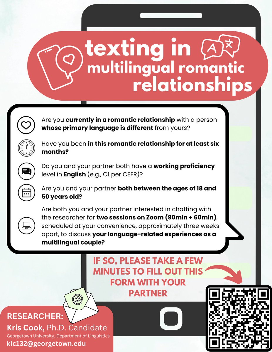 Please share this opportunity to participate in a linguistics research study on texting in multilingual romantic relationships! 📲💕 To learn more, fill out the interest form at bit.ly/lovelanguagess… Thank you! 📱 #linguistics #research #multilingual #bilingual #language