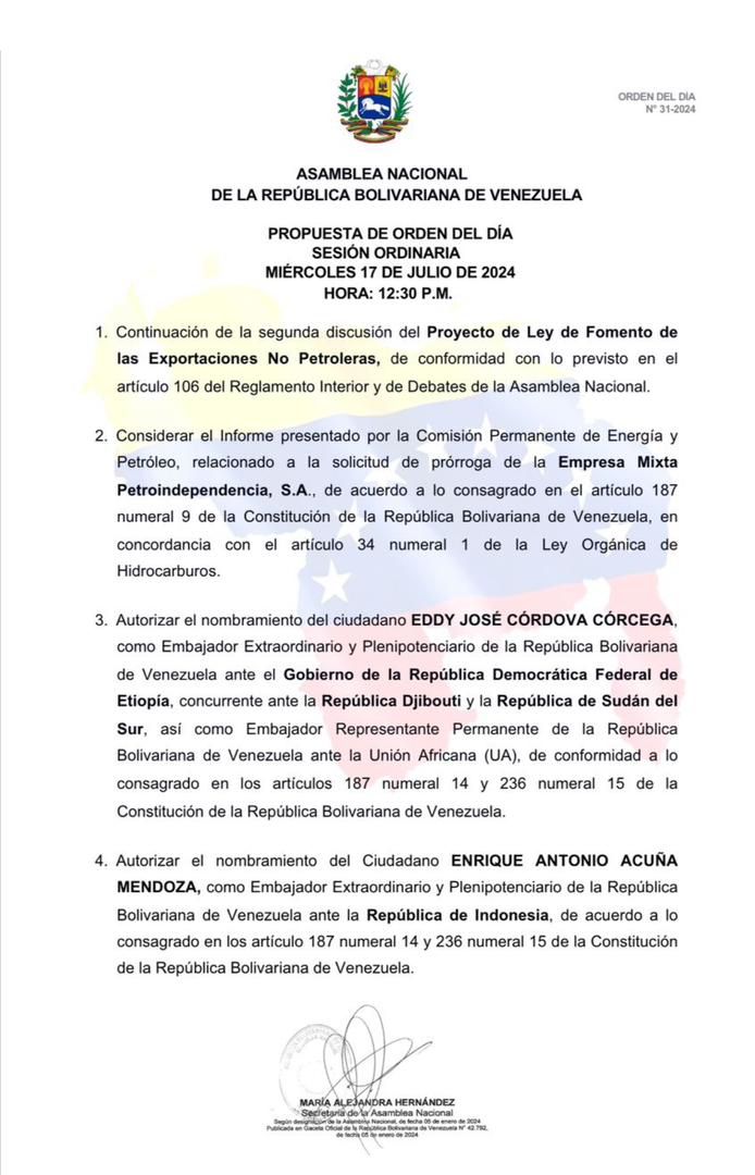 🏛 | PROPUESTA DE ORDEN DEL DÍA 
Miércoles  #17Jul  12:30 pm
#AsambleaNacional 🇻🇪
#SesiónOrdinaria