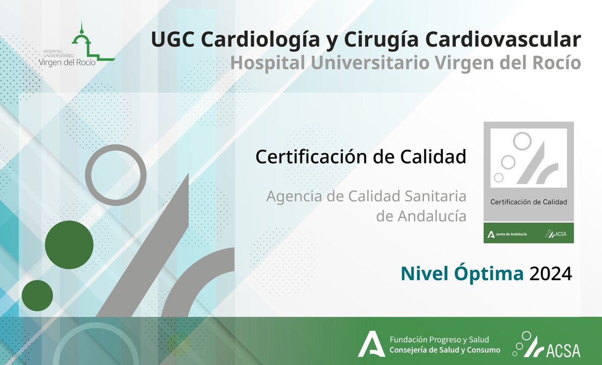 calidadACSA's tweet photo. @HospitalUVRocio También felicitamos a la UGC Cardiología y Cirugía Cardiovascular del 🏥@HospitalUVRocio, certificada ahora con el nivel `Óptimo´ 🎖️🎖️ de #calidadACSA. Enhorabuena 👏 https://t.co/BwFD5gwOXl