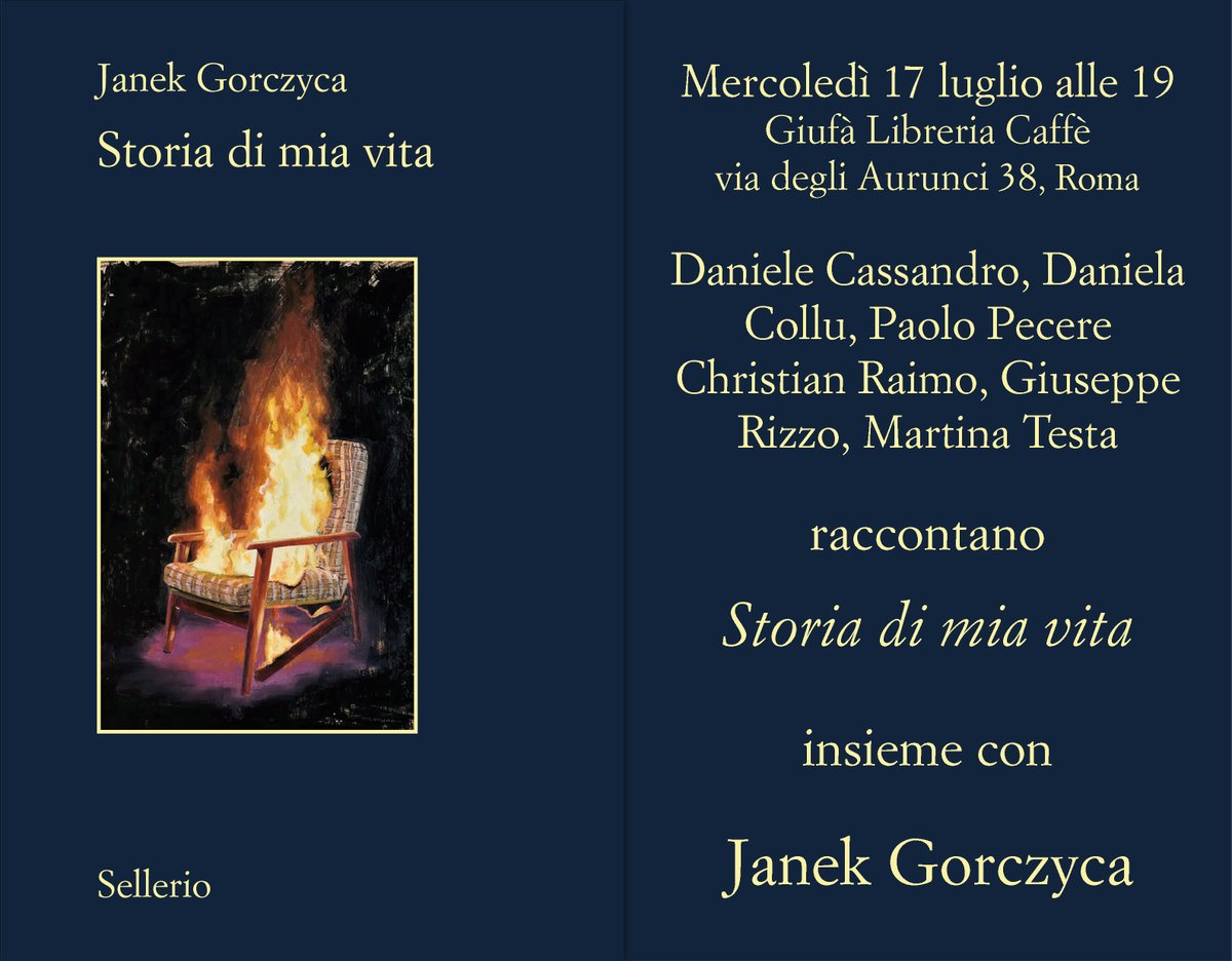 #savethedate Oggi pomeriggio alle 19 presso la libreria Giufà di #Roma Daniele Cassandro, Daniela Collu, Paolo Pecere, Christian Raimo, Giuseppe Rizzo e Martina Testa raccontano Storia di mia vita insieme con #Janek Gorczyca.
Vi aspettiamo!
