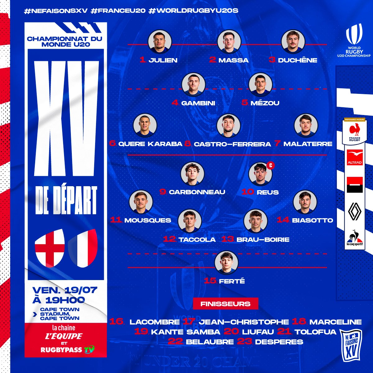 FranceRugby's tweet photo. 🏴󠁧󠁢󠁥󠁮󠁧󠁿🇫🇷 𝐋𝐀 𝐕𝐎𝐈𝐋𝐀 !
 
Découvrez les 23 joueurs de #FranceU20 qui affronteront l'Angleterre en finale du Championnat du Monde ! 😍
 
📺 Le match est à suivre vendredi en direct sur @lachainelequipe et sur @Rugbypass_FR !
 
#NeFaisonsXV #WorldRugbyU20s #ANGFRA https://t.co/kjcP7TlrsL