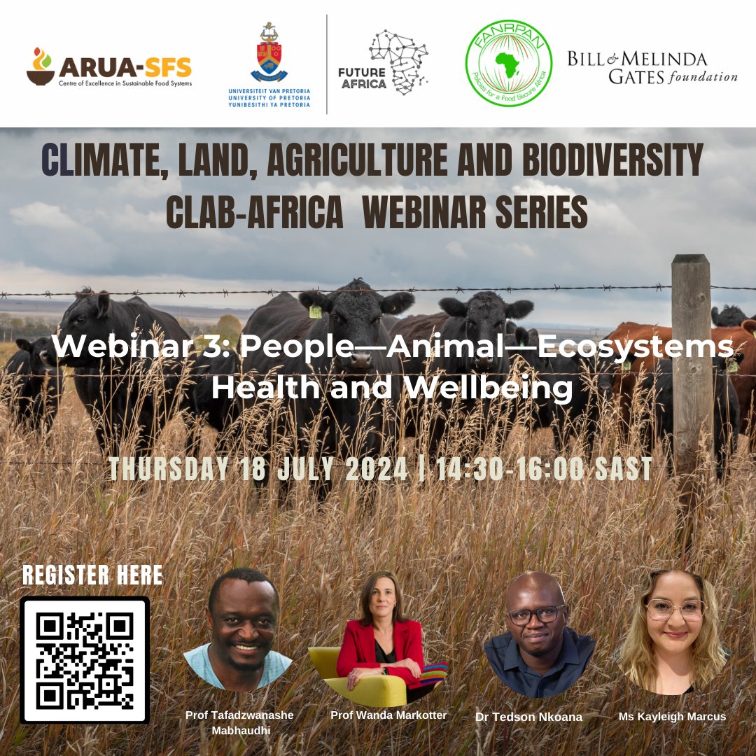 Join us for our 3rd <a href="/ARUA_SFS/">ARUA CoE in Sustainable Food Systems</a>  #CLAB-Africa webinar 
to discuss trends in research literature focusing on the One Health approach in Africa through the lens of climate change.
Register here 👇👇: us06web.zoom.us/webinar/regist…

<a href="/UPTuks/">University of Pretoria</a> <a href="/FutureAfricaUP/">Future Africa Platform</a> <a href="/FANRPAN/">Food, Agric. & Nat. Res. Policy Analysis Network</a>  <a href="/gatesfoundation/">Gates Foundation</a>