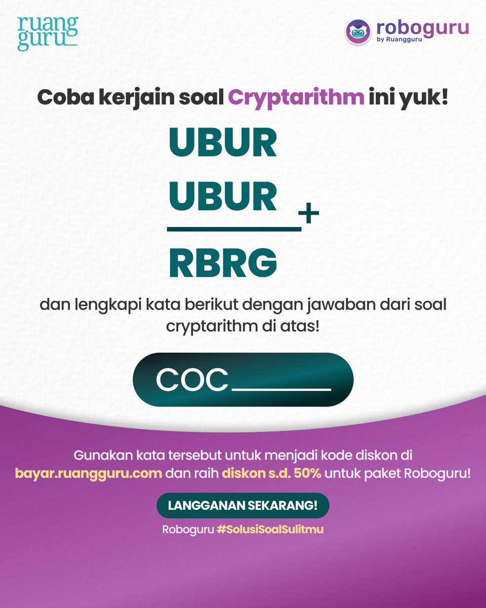 roboguru_id's tweet photo. Cryptarithm! Ada yang bisa jawab?🧐
#zonauang #wtb #wts #roboguru https://t.co/dm4tROQFPt