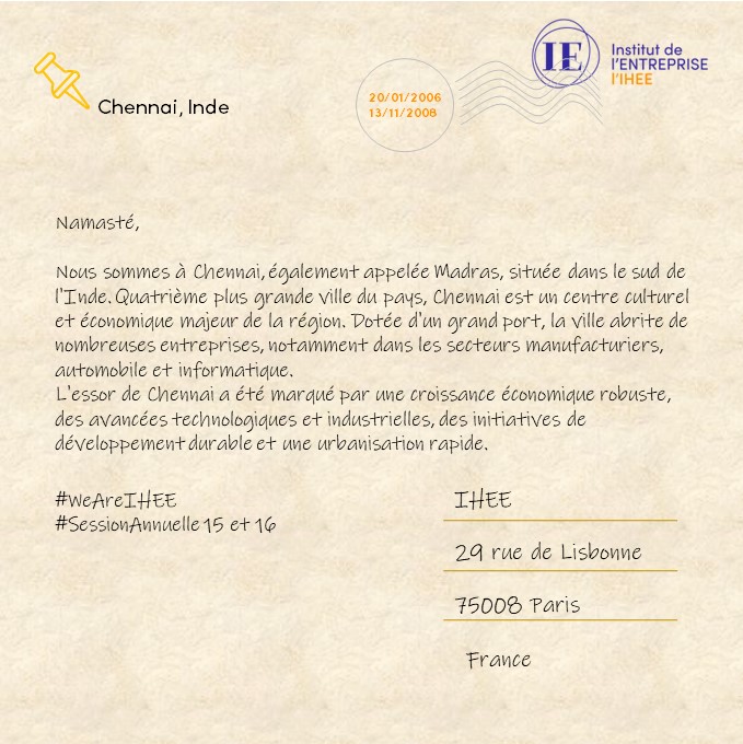 Carte postale n°28: Chennai
Direction Chennai en 2015 pour les auditeurs des #SessionAnnuelle 15 &amp; 16
Destination remarquable qui se distingue par sa croissance économique, ses avancées technologiques, son industrie #automobile florissante &amp; ses initiatives durables
#WeAreIHEE